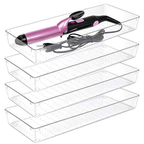 Manalete 4 Pcs Large Clear Plastic Drawer Organizer,15"x6" Vanity Organizer | Durable Clear PET Storage Bins Tray for Desk, Kitchen & Bathroom, Office, Tools, Easy Clean, Stackable, BPA-Free - size: 4 Pack 15"×6"