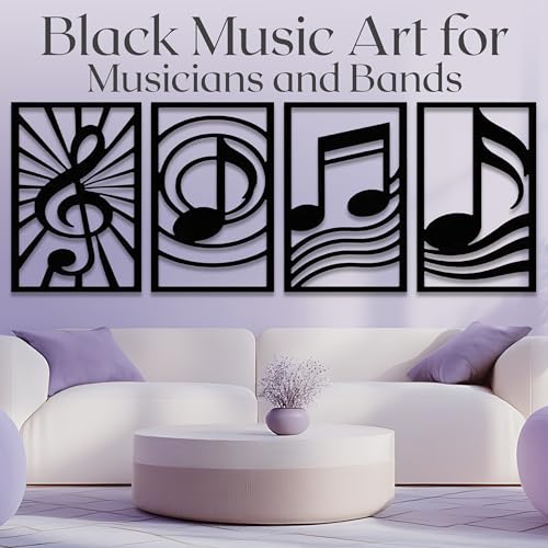 GALLERY GRACE 4-Pc Music Notes Metal Wall Art, Black Wall Decor Set | 11 x 16 In Metal Panels, Music Notes Wall Decor, Minimalist Style, Ready to Hang, for Living Room, Office, Studio or Bedroom - style: Modern Musical Art