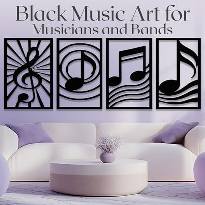 GALLERY GRACE 4-Pc Music Notes Metal Wall Art, Black Wall Decor Set | 11 x 16 In Metal Panels, Music Notes Wall Decor, Minimalist Style, Ready to Hang, for Living Room, Office, Studio or Bedroom - style: Modern Musical Art