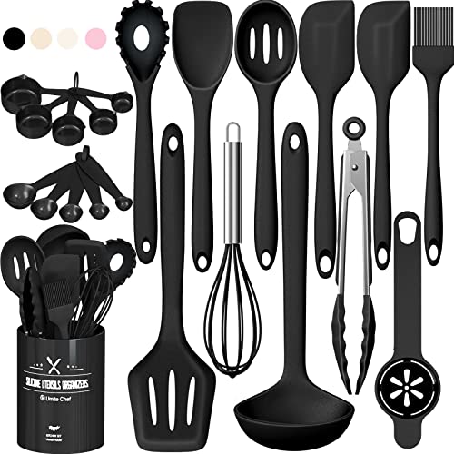 Silicone Kitchen Utensils Set, Umite Chef 22Pcs Cooking Utensils Spatula Set, Heat Resistant Non-Stick Silicone, Dishwasher Safe Cooking Gadgets Tools Set(Black) - color: Black