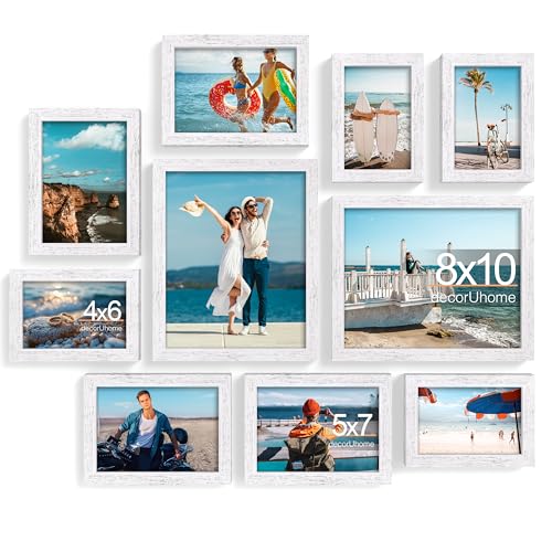 decorUhome 10 Pack Assorted Picture Frame Set for Wall & Tabletop, P0710DWT | Distressed White, Multi Size Picture Frame Includes Two 8x10 / Four 5x7 / Four 4x6 for Family Gallery Wall - color: Distressed White