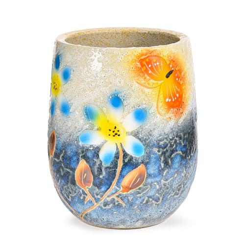 Sungmor 10.6 Inch Hand Painted Ceramic Succulent Plant Pot - White Blue | Textured Decorative Pottery Planter with Drainage Hole, Indoor Outdoor Flower Pot for Home & Office Decor - color: White Blue (Dia.: 6.3inch & H: 10.6inch)
