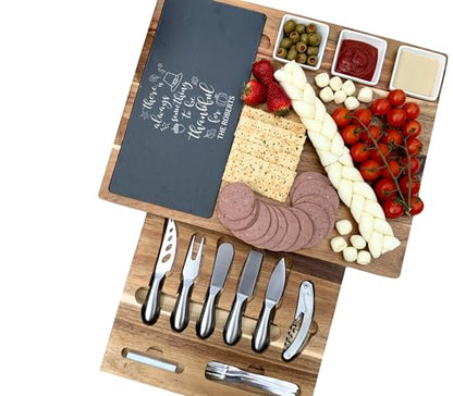 Personalized Acacia Charcuterie Board & Knife Set – Large Slate Cheese Serving Tray 17" x 13" – Custom Thanksgiving, Wedding & Housewarming Gift for Couples - color: Design #30