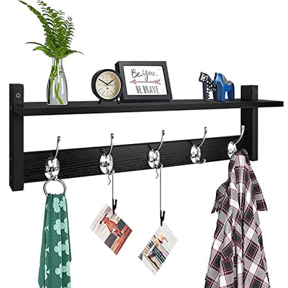 Coat Rack Wall Mount with Shelf, 24" Long Entryway Shelf with Hooks Underneath, Wooden Coat Hanger for Hanging Hats, Bathroom Towels, Clothes, Black - color: Black, size: 24 Inch Long