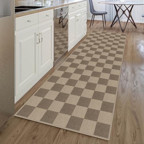 Easy Jute Checkered Runner Rug, 2.6x8 Brown Modern Washable Rugs Runner for Hallway Non-Slip Kitchen Runner Rug, Geometric Checkerboard Indoor Outdoor Carpet for Porch Laundry Entryway - color: Brown Checkered, size: 2.6' x 8' (Runner)