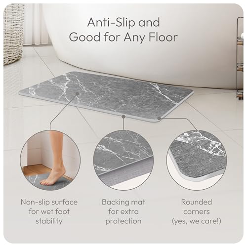 Stone Bath Mat Quick-Dry Absorbing Diatomaceous Earth Bath Mat | 2 Stone Mats - Large & Small Mat for Bathroom | Anti-Slip Diatomaceous Bathmat 100% Natural Bathroom Rug Stones (Gray Marble)