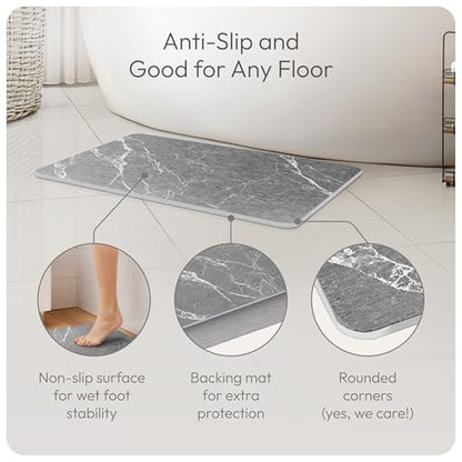 Stone Bath Mat Quick-Dry Absorbing Diatomaceous Earth Bath Mat | 2 Stone Mats - Large & Small Mat for Bathroom | Anti-Slip Diatomaceous Bathmat 100% Natural Bathroom Rug Stones (Gray Marble)