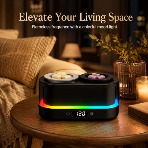Wax Warmer, Wax Melt Warmer with Timer & Double Dish | Electric Wax Warmer with 7-Color LED Mood Light, Removable Silicone Dishes, PTC Flameless Wax Melter Auto Shut Off