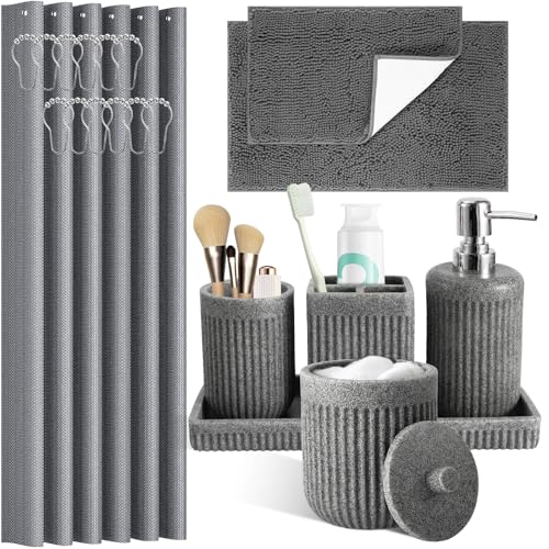 XLHOMO 8-Piece Grey Bathroom Sets with Shower Curtain and Rugs, Resin Bathroom Accessories Sets Complete with Soap Dispenser, Toothbrush Holder, Tumbler & Apothecary Jars Bathroom Essentials - color: Grey, size: Resin Bath Set Complete