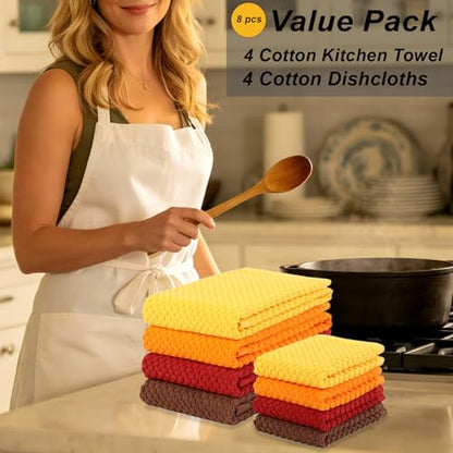 8 Pack Kitchen Towels and Dishcloths Set, 100% Ring Spun Cotton 16 x 25 inches Kitchen Towels and 13 x 13 in Dish Cloths Super Soft and Absorbent Towels Set - color: Fall