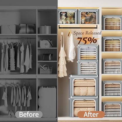 Yecaye Stackable Clothes Storage Bins with Lid, Grey, 40L, 6 Pack | Metal Frame, Foldable, Clear Window & Zippers & PU Leather Handles - color: Grey, size: Medium(6 Pack)