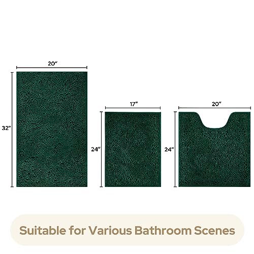 HOMEIDEAS 3 Pieces Bathroom Rugs, Ultra Soft Non Slip Absorbent Chenille Toilet Bath Mat Set (Dark Green) - color: Green-dark Green, size: 17"x24"+20"x32"+U Shape 20"x24"