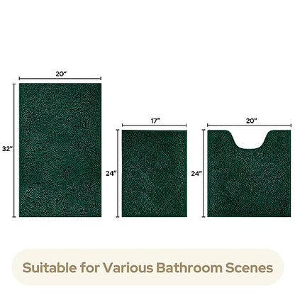HOMEIDEAS 3 Pieces Bathroom Rugs, Ultra Soft Non Slip Absorbent Chenille Toilet Bath Mat Set (Dark Green) - color: Green-dark Green, size: 17"x24"+20"x32"+U Shape 20"x24"