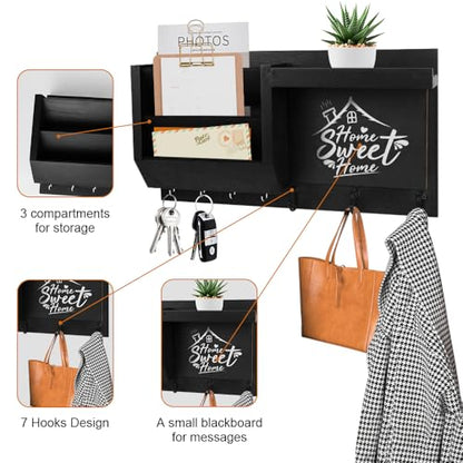 Key Holder for Wall Decorative, Wooden Mail Holder Wall Mount Organizer, Key and Mail Rack Key Hooks with Chalkboard and 2pcs White Pens for Home Entryway Hallway Doorway(Black)