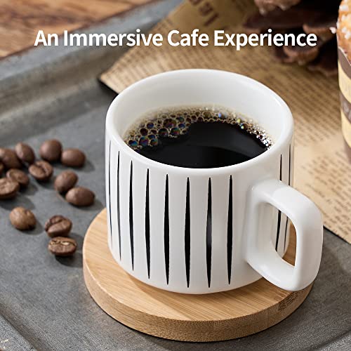 LUKA Porcelain Espresso Cup with Saucer and Metal Stand, 4 Ounce Stackable Ceramic Demitasse Espresso Mugs Cups Set for Latte, Specialty Coffee Drinks, Cafe Mocha,Tea - Set of 4, White & Black - color: Black & White Stripes