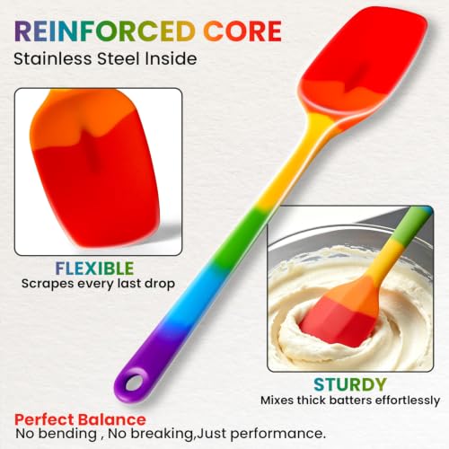 Silicone Spatula Set,9-Piece BPA Free Food Grade Heat Resistant Spatulas for Cooking Baking,Seamless One Piece Design,Non-Stick Safe,Dishwasher Safe,Withstands -104°F to 600°F（Rainbow） - color: Rainbow