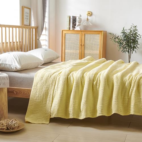 LGYKUMEG 100% Cotton Muslin Blanket 79"x91", Soft Lightweight & Breathable All-Season Gauze Queen Size for Bed,Cotton Waffle Weave Blanket,Yellow,200x230cm - color: Yellow, size: Queen 79x91 inch