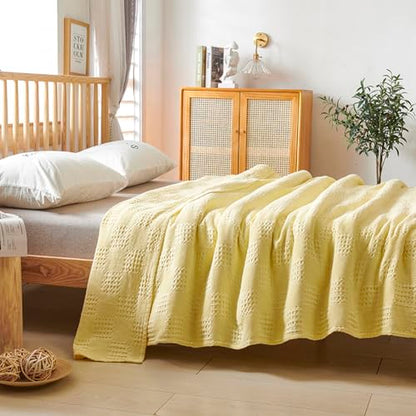 100% Cotton Waffle Weave Throw Blanket, Soft Lightweight Breathable Cozy Summer Throws for Bed and Couch/Sofa,Luxury Aesthetic Woven Blanket,Yellow,59 x 79 inch - color: Yellow, size: Single Size 59x79 inch