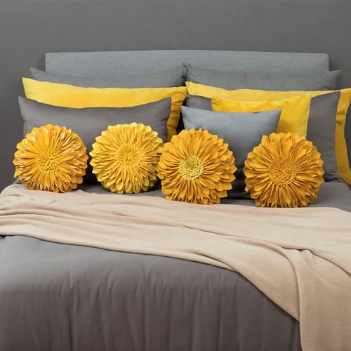 JWH Handmade 3D Sunflower Throw Pillow Cover, Golden Yellow, 14 Inch | Decorative Round Cushion, Floral Accent, Bed Living Room Couch Pops