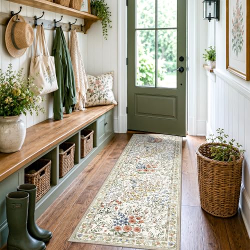 Washable Kitchen Runner Rug 2x6: Vintage Floral Rug for Hallway Kitchen - Machine Washable Non Slip Low Pile Carpet - Soft Foldable Runner for High Traffic Areas - 2'x6' Beige - color: Beige, size: 2x6