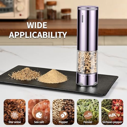 Electric Rechargeable Salt and Pepper Grinder Set - Automatic Grinder, External Adjustable Coarseness, LED Light, One-Hand Operation, Stainless Steel & Acrylic, USB Charging, Purple (Set of 2) - size: Dark Purple