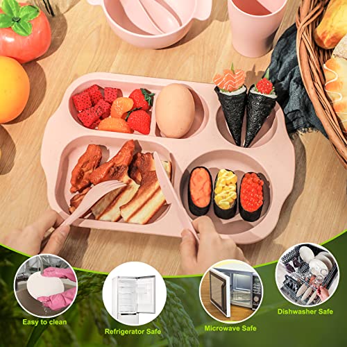 Honoson 24 Pcs Wheat Straw Dinnerware Cutlery Set, Service for 4, Unbreakable Plates and Bowls Set - Divided Plates, Bowls, Spoons, Forks & Knives, Microwave & Dishwasher Safe(Pink) - color: Pink