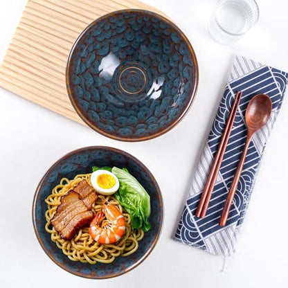 Ceramic Japanese Ramen Bowl Set, 2 Sets Asian Pho Udon Soup Noodle Bowls with Spoons and Chopsticks (Peacock Green, 8 inches) - color: Peacock Green