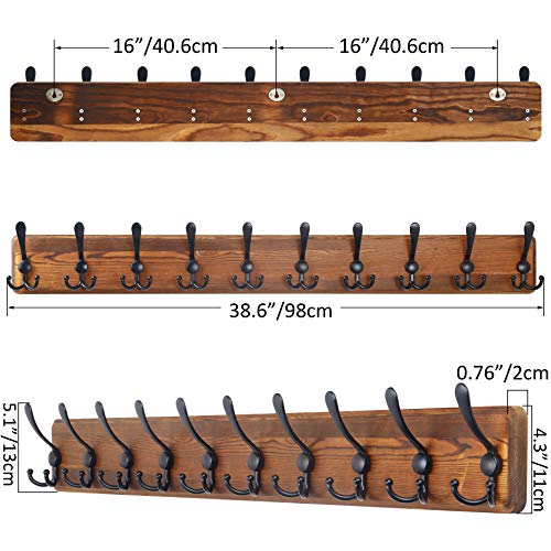 SKOLOO Rustic Coat Rack Wall Mount, 10 Hooks, 38.6'' Long, Solid Wood,Brown | Rustic finish, 100 lb capacity, entryway bedroom mudroom, wall mount, 16" stud spacing, hardware included, rustproof hooks - color: Brown Plate & Black Hook, size: 1 Item-10 Hoo