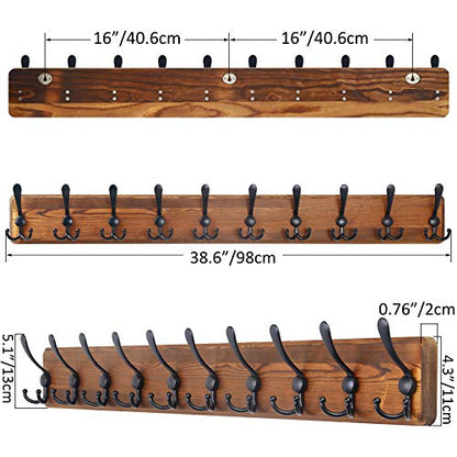 SKOLOO Rustic Coat Rack Wall Mount, 10 Hooks, 38.6'' Long, Solid Wood,Brown | Rustic finish, 100 lb capacity, entryway bedroom mudroom, wall mount, 16" stud spacing, hardware included, rustproof hooks - color: Brown Plate & Black Hook, size: 1 Item-10 Hoo