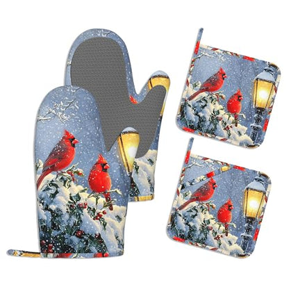 Red Cardinal Oven Mitts and Pot Holders Sets,Extra Long Winter Snow Branch Kitchen Mittens for Cooking,Thick Cotton Heat Resistant Silicone Cooking Utensils Set for Baking Cooking Grilling - color: Red Cardinal