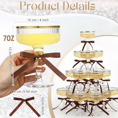 Set of 24 Plastic Champagne Coupe Glasses with Bow 7 oz Gold Champagne Tower Set Stackable Acrylic Ribbed Martini Glasses Cocktail Coupe Cup for Wedding Birthday Party Bar (Bowknot,Brown) - color: Brown, style: Bowknot