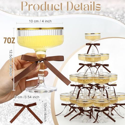Set of 24 Plastic Champagne Coupe Glasses with Bow 7 oz Gold Champagne Tower Set Stackable Acrylic Ribbed Martini Glasses Cocktail Coupe Cup for Wedding Birthday Party Bar (Bowknot,Brown) - color: Brown, style: Bowknot