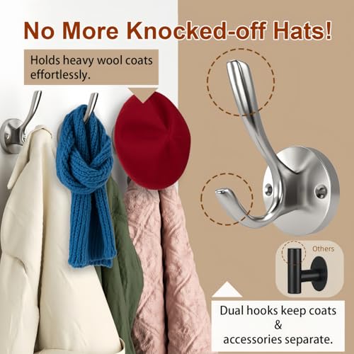 Towel Hooks for Bathrooms Silver Wall Hooks 2 Pack Brushed Nickel Coat Hooks Heavy Duty Towel Wall Hooks for Coats Robes Hats Bath Entryway Cubicle Kitchen Screw in Brushed Nickel Towel Hooks - color: Silver