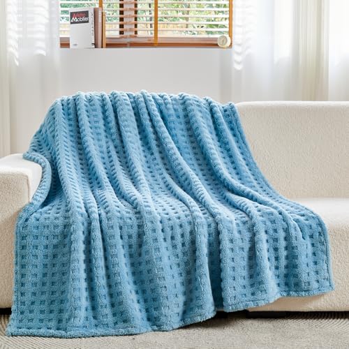 NEWCOSPLAY 3D Waffle Checkered Flannel Throw Blanket, Blue, 50"x70" | Super Soft Cute Lightweight Decorative Premium Silky Fleece Blanket for Couch Sofa Bed, Gift for Women Men, All Season Use - color: Blue, size: Throw(50"x70")
