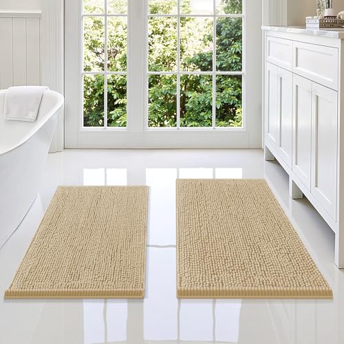 Smiry Chenille Bathroom Rugs Sets 2 Piece (34x21+30x20, Beige) | Soft Absorbent Machine Washable Non Slip Shaggy Bath Rug Set for Tub, Shower, and Floor, Home Decor - color: Beige, size: 34"X21"+30"X20"