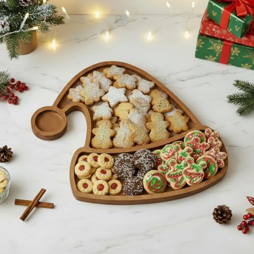 11.42 x 10.43 Inch Santa Hat Wood Serving Platter Board | Rustic Charcuterie Platter for Christmas Parties, Cheese Fruit Tray, Farmhouse Cutting Board for Holiday Table - style: Santa Hat