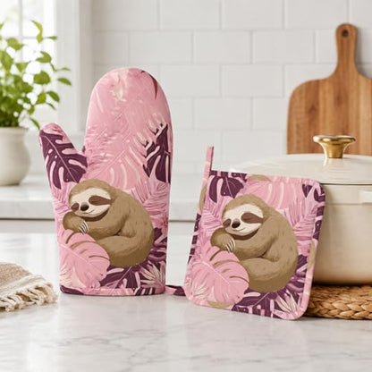 Pink Sloth Heat-Resistant Oven Mitts and Pot Holder Cute Animal Kitchen Non-Slip Silicone Cooking Microwave Gloves for Cooking Baking Grilling - color: Pink Sloth