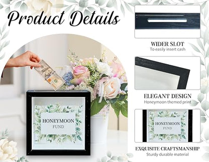 Honeymoon Fund Box, 8×8 Wedding Shadow Box Frame with Slot, Greenery Gold Foil Wedding Money Saving Decoration for Reception Bridal Shower, Travel Fund Memory Keepsake Gift -A18 - size: 8×8 greenery gold foil