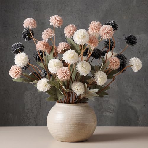 CEWOR 10 Pcs Faux Silk Pompon Mum Artificial Flowers for Vase, Bulk Fake Chrysanth Branches with Stems for DIY Bouquet Centerpieces Decor Wedding Floral Arrangements (White Beige Ink Blue) - color: 10pcs Ink Blue