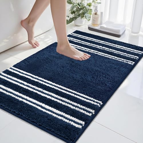 Bathroom Rugs Non Slip Washable 32x20, Ultra Soft Super Absorbent Bath Rugs for Bathroom Floor, Shaggy Chenille Bath Rug, Microfiber Plush Quick Dry Bath Mat for Bathtub, Sink and Shower, Navy - color: Navy, size: 20''x32''