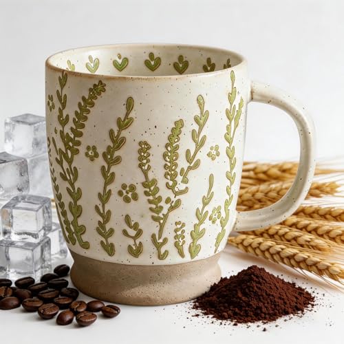 18oz Coffee Mug Gift for Women Mom Her - Rustic Handmade Coffee Cup | Microwave & dishwasher safe. Mug for latte, cocoa, tea, milk, milkshake. Home office essential. Great gift for mom or her - color: Green leaves