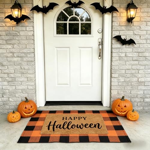 SEEKSEE Happy Halloween Doormat Set, Thick Coco Coir Door Mat + Orange and Black Buffalo Plaid Rug, Outdoor Layered Mat for Front Door Non-Slip Backing Floor Mat for Porch - color: Happy Halloween - Orange Black Plaid, size: 2'3" x 3'7" (Rectangular)