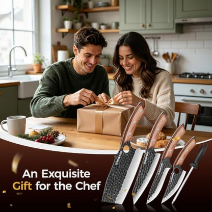 5PCS Butcher Knife Set, Hand Forged Kitchen Chef Knife Set Gift | Meat Cleaver Knife Viking Boning Knife for Home, Outdoor Camping, BBQ, High Carbon Steel Japanese Knives, Gift for Men Father - size: 6.8"
