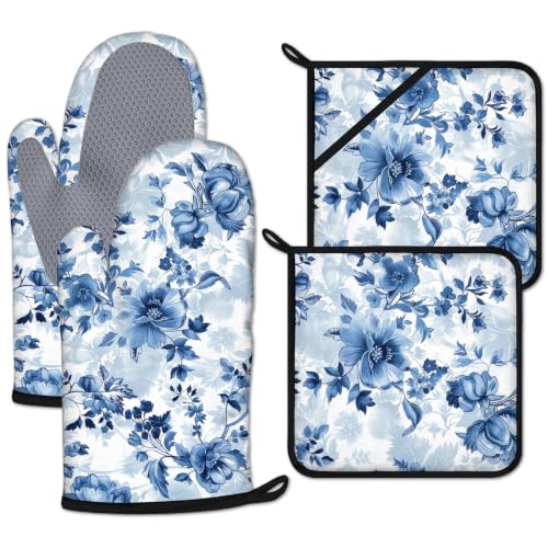 Blue White Porcelain Flower Oven Mitts and Pot Holders Sets 4 Pcs Vintage Floral Silicone Kitchen Gloves Heat Resistant Potholders for Baking Grilling BBQ - color: Porcelain Flower
