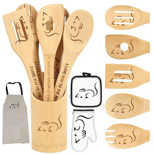Wooden Spoon for Cooking - Cartoon Wooden Spoons Bamboo Utensils Set Kitchen Decoration- Birthday Gift Kitchen Accessory with Cute Apron Oven Mitt Potholder (mouse spoon-white) - color: mouse spoon-white