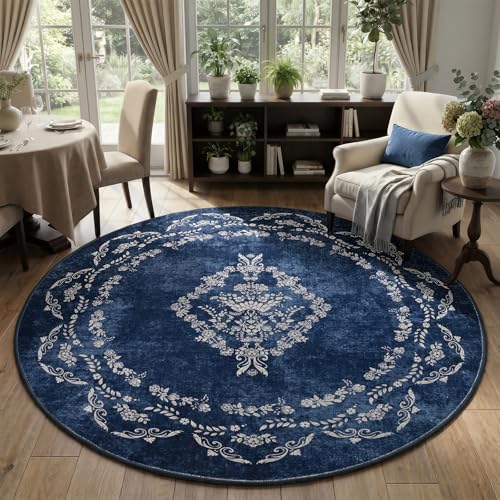 FlyDOIT Small Round Area Rug 6ft, Circle Rugs for Bedroom, Navy Blue | Washable Non Slip Rug, Boho Floral Distressed Circular Carpet for Living Room Dining Room Entryway College Dorm Office Decor - color: Navy Blue, size: 6' (Round)