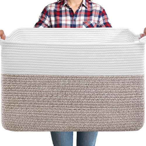 105L Large Blanket Storage Basket with Handles - White & Brown | Extra-large 25"x16"x16". Soft cotton, foldable, washable.Holds blankets, pillows clothes for living room, bedroom, dorm. - color: Brown & White, size: 25" x 16" x 16"