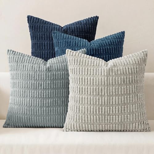 Pack of 4 Corduroy Decorative Throw Pillow Covers 18x18 Inch, Grey/Blue | Soft Striped Farmhouse Boho Modern Home Decor Throw Pillow Covers for Couch Sofa Bedroom Living Room - color: Grey/Blue, size: 18" x 18" (Pack of 4)
