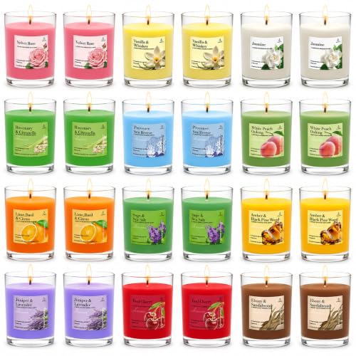 24 Pack Scented Votive Candles, Glass Soy Wax Candles for Home Restaurants Spa Weddings, Smokeless and Clean Burning Candle - Mult Color and Scent - color: Multicolor, size: 1.8ozx24pcs