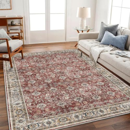 CHAMPLANT Washable Area Rug 9'x12' Boho Design Non-Shedding Easy Care Ideal for High Traffic Areas in Living Room Bedroom Office Coffee Table Kitchen Large Carpet - color: Dark Red Flowers, size: 9' x 12' (Rectangular)